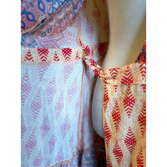 Boho Wrap Dress Short Sleeve Ruffle Tiered Mini fairy whimsi flowy cottage Y2K - Picture 3 of 5